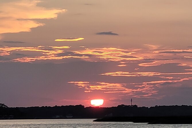 Sunset, Dolphin/Birding On A Private Guided Savannah Cruise - The marsh finale on Bluff Drive: sunset over oaks and the marsh grass “Everglades” feel